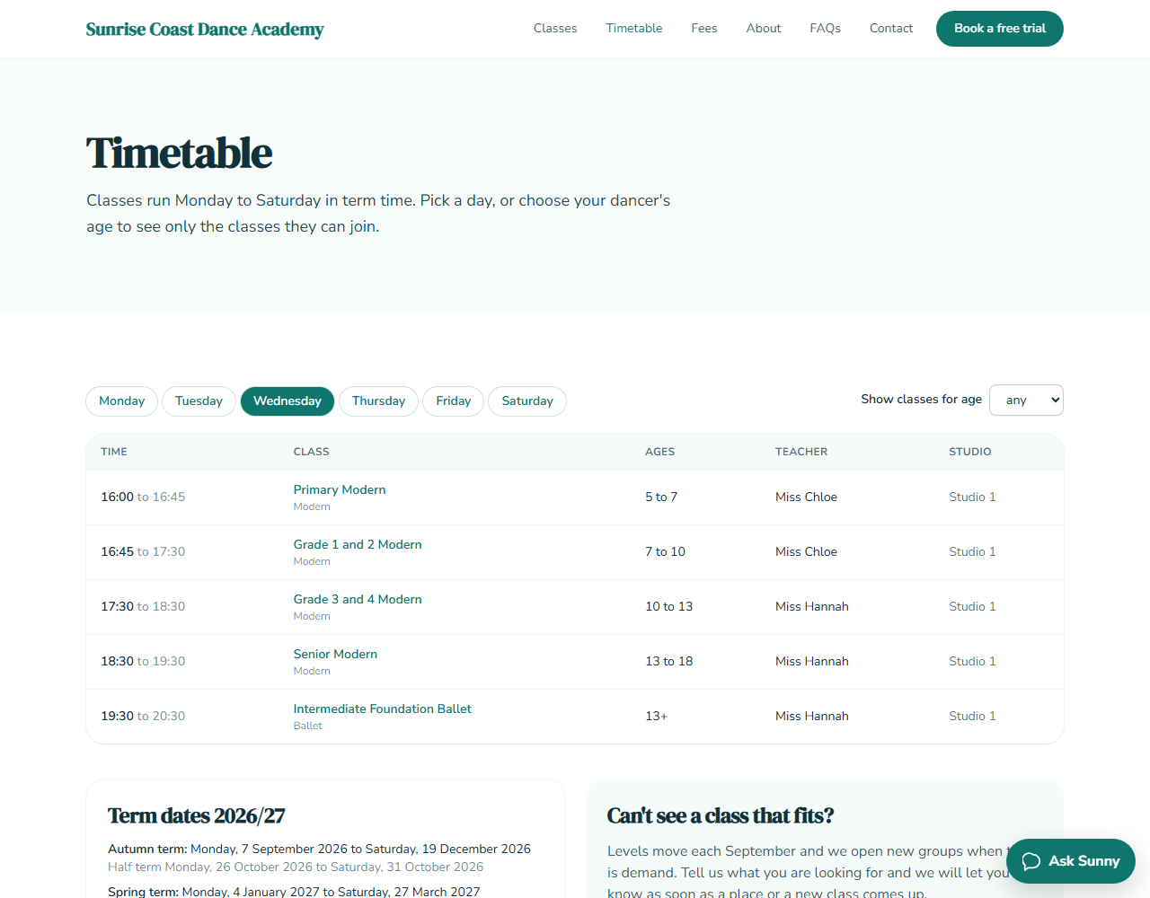 Demo timetable with age filter